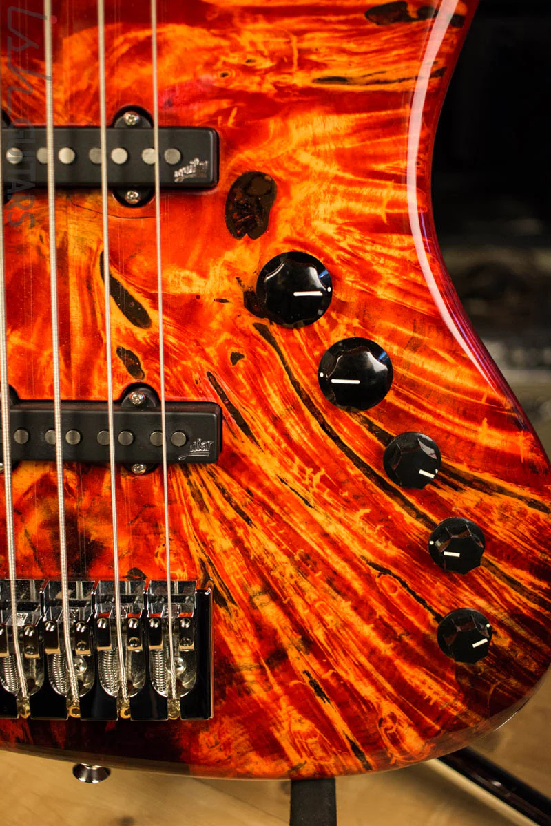 2018 Spector Coda DLX 5 Inferno Red Buckeye Burl Jazz Bass - Image 4